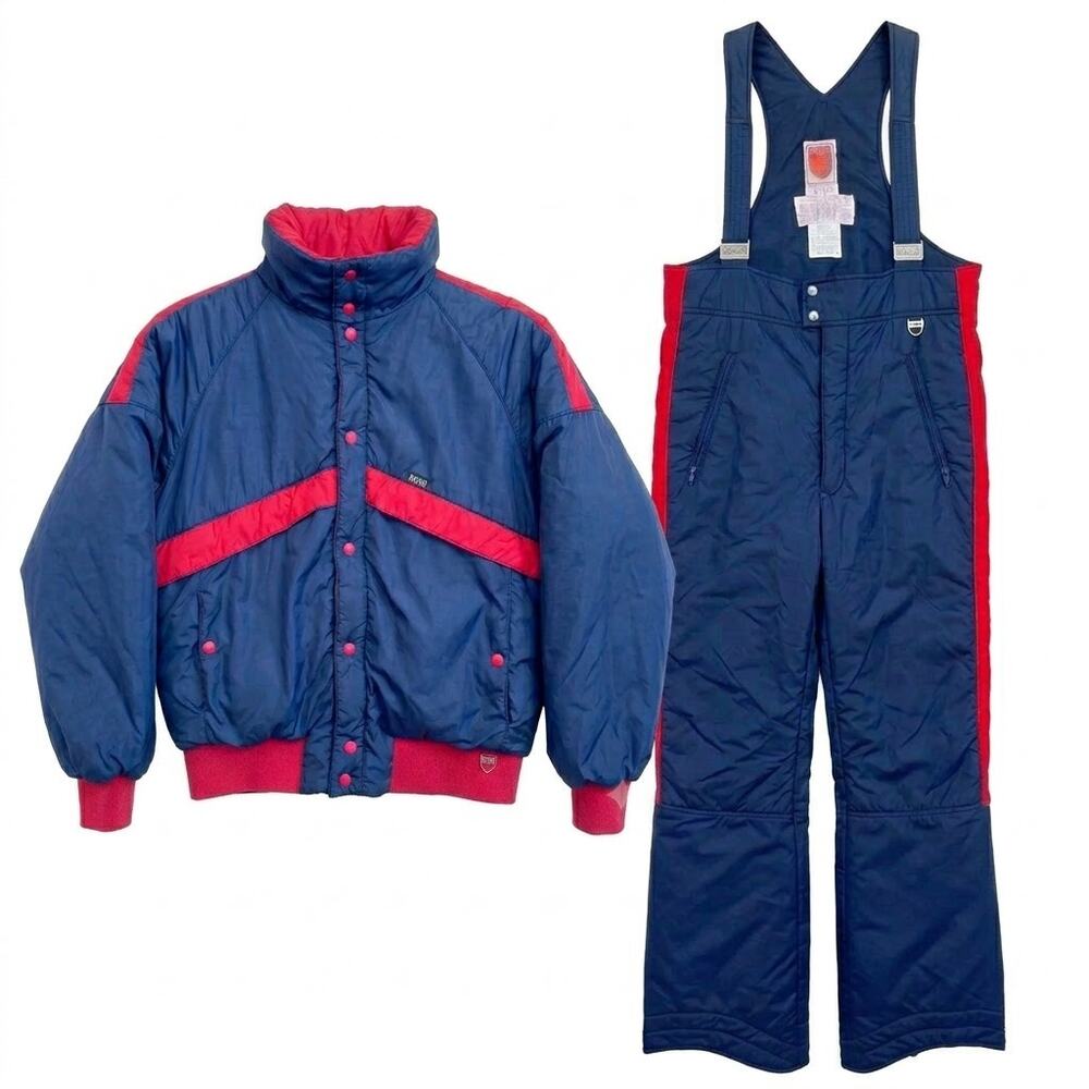 SKYR Vintage 70s 80s Ski Bib Jacket Set Blue Red Nylon Retro Rare Mens XL